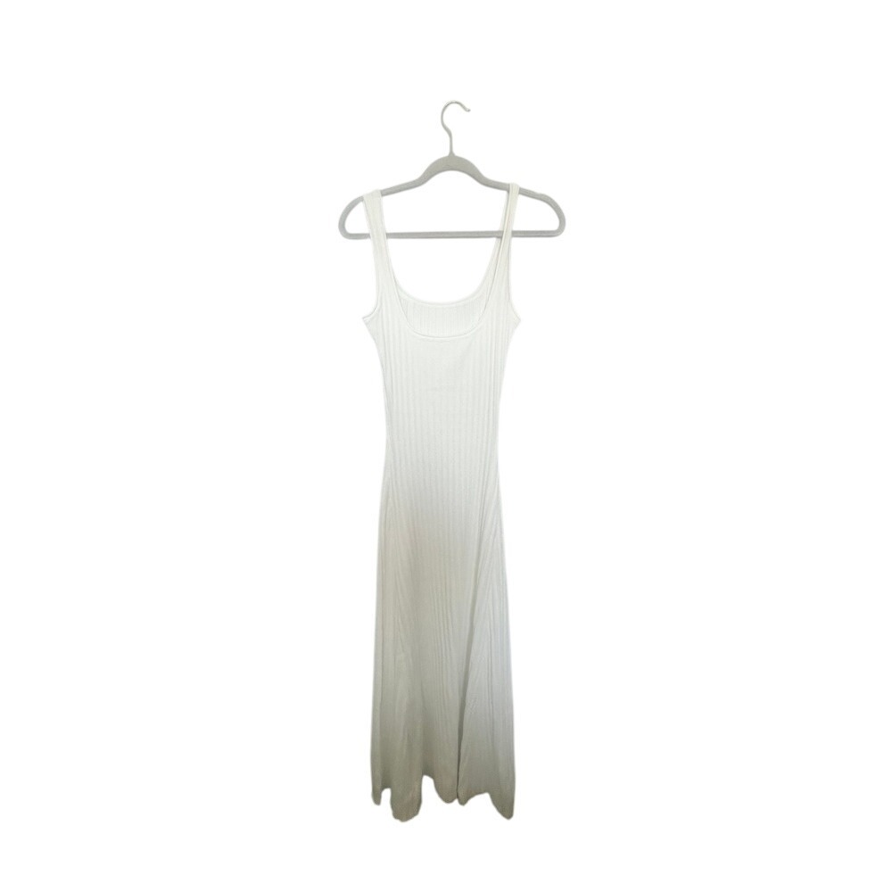 White Ribbed Knit Maxi Dress Sleeveless Casual Sundress S